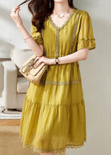 Load image into Gallery viewer, Unique Yellow V Neck Lace Patchwork Chiffon Dress Summer
