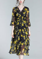 Unique Yellow V Neck Print Slim Silk Maxi Dresses Spring