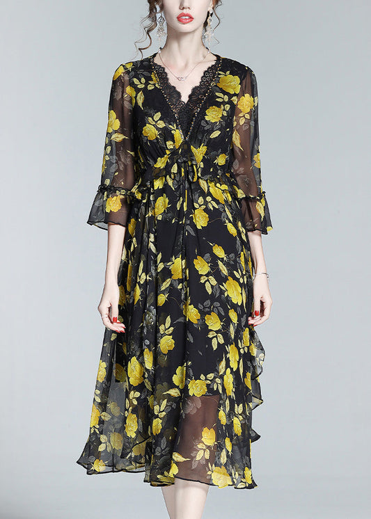 Unique Yellow V Neck Print Slim Silk Maxi Dresses Spring