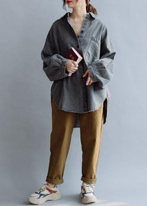 Unique denim gray cotton Blouse low high design daily fall blouses