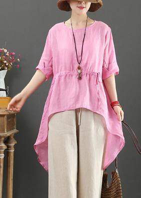 Unique o neck asymmetric linen tops women Wardrobes pink top