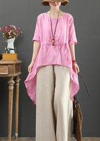 Unique o neck asymmetric linen tops women Wardrobes pink top