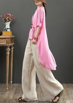 Unique o neck asymmetric linen tops women Wardrobes pink top