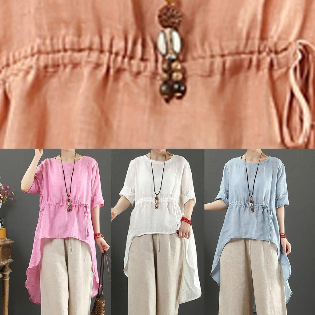 Unique o neck asymmetric linen tops women Wardrobes pink top