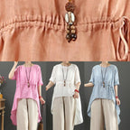 Unique o neck asymmetric linen tops women Wardrobes pink top