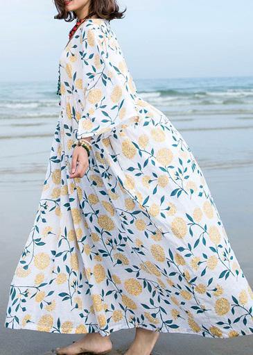 Unique o neck Extra large hem linen dress pattern white print Dresses summer