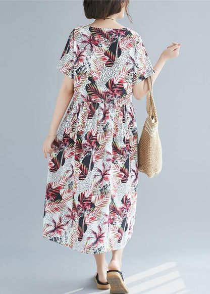 Unique o neck pockets cotton Robes Omychic pattern red print Plus Size Clothing Dresses Summer