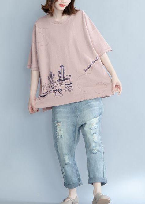 Unique pink prints cotton shirts women Appliques daily summer blouse