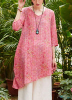 Unique v neck asymmetric linen Long Shirts Work pink print Dresses summer