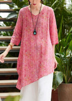 Unique v neck asymmetric linen Long Shirts Work pink print Dresses summer