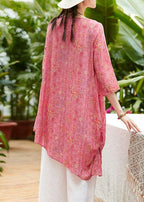 Unique v neck asymmetric linen Long Shirts Work pink print Dresses summer