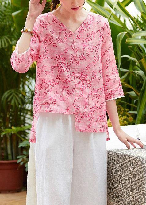 Unique v neck asymmetric linen tops women Shirts pink print blouses summer
