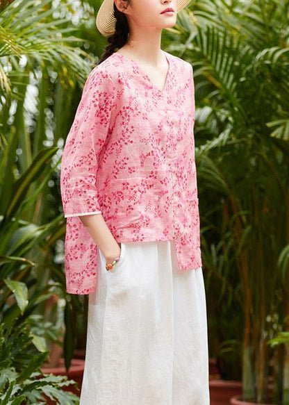 Unique v neck asymmetric linen tops women Shirts pink print blouses summer