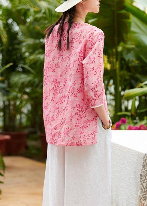 Unique v neck asymmetric linen tops women Shirts pink print blouses summer