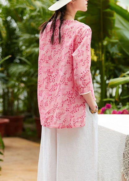 Unique v neck asymmetric linen tops women Shirts pink print blouses summer