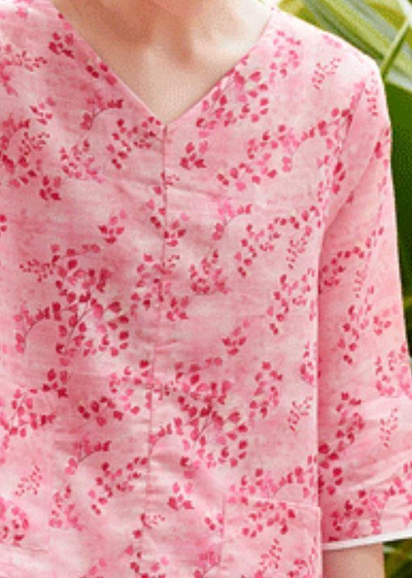 Unique v neck asymmetric linen tops women Shirts pink print blouses summer
