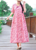 Unique v neck pockets cotton linen quilting clothes linen pink print Dress summer