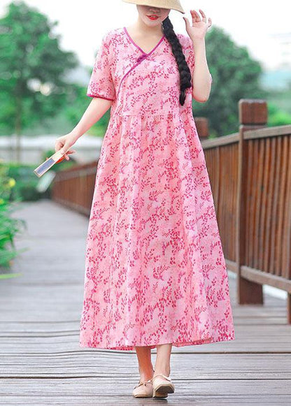 Unique v neck pockets cotton linen quilting clothes linen pink print Dress summer