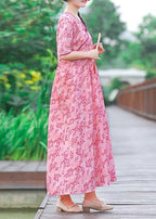 Unique v neck pockets cotton linen quilting clothes linen pink print Dress summer