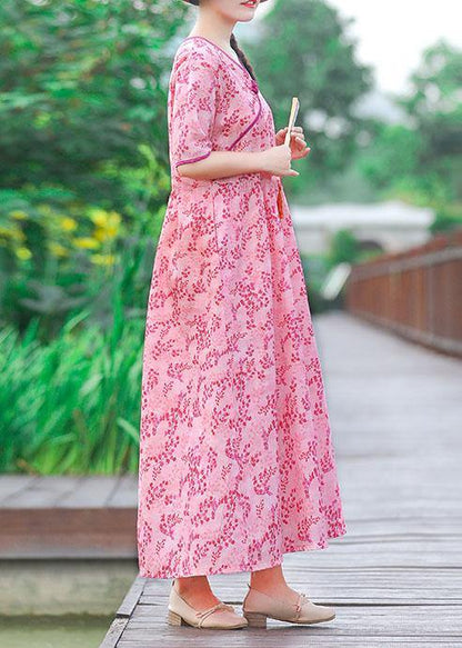 Unique v neck pockets cotton linen quilting clothes linen pink print Dress summer