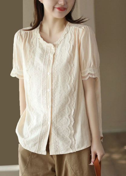 Vintage Apricot Hollow Out Embroideried Patchwork Cotton Blouses Summer