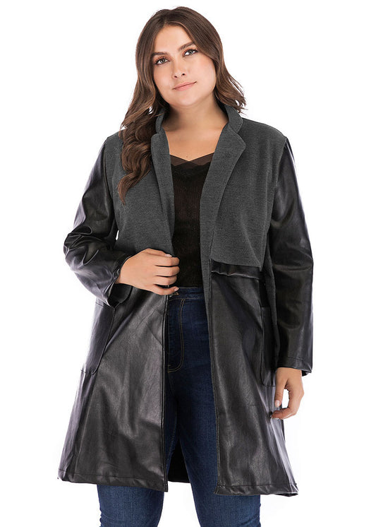 Vintage Black Grey V Neck Pockets Faux Leather Patchwork Trench Coat Long Sleeve