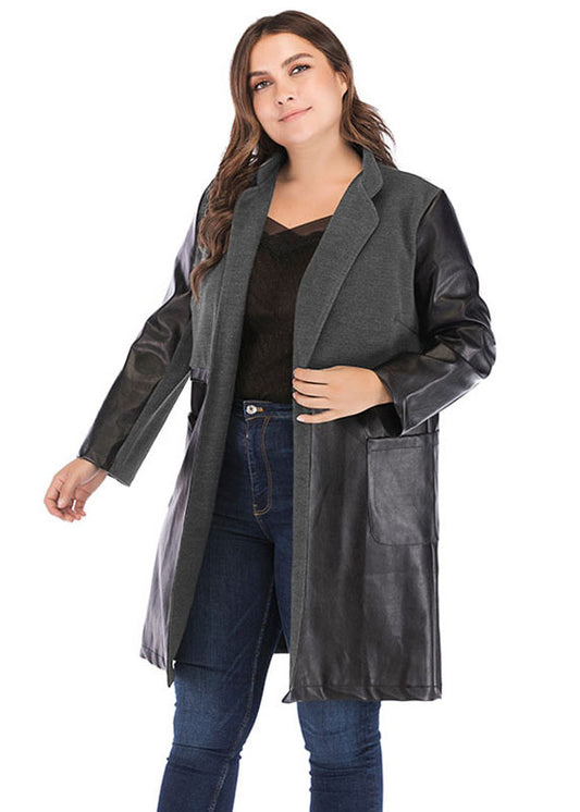 Vintage Black Grey V Neck Pockets Faux Leather Patchwork Trench Coat Long Sleeve