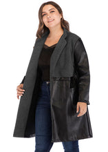 Load image into Gallery viewer, Vintage Black Grey V Neck Pockets Faux Leather Patchwork Trench Coat Long Sleeve