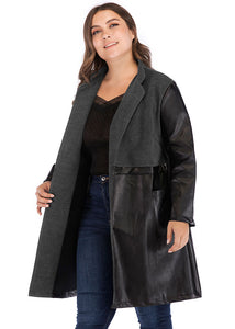 Vintage Black Grey V Neck Pockets Faux Leather Patchwork Trench Coat Long Sleeve