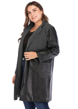 Load image into Gallery viewer, Vintage Black Grey V Neck Pockets Faux Leather Patchwork Trench Coat Long Sleeve