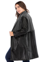 Load image into Gallery viewer, Vintage Black Grey V Neck Pockets Faux Leather Patchwork Trench Coat Long Sleeve