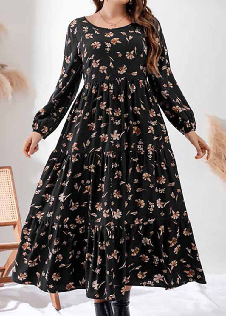 Vintage Black O-Neck Print Elastic Waist Holiday Maxi Dress Fall