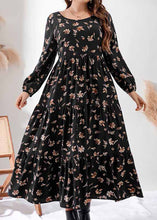 Load image into Gallery viewer, Vintage Black O-Neck Print Elastic Waist Holiday Maxi Dress Fall