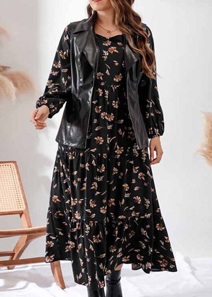 Vintage Black O-Neck Print Elastic Waist Holiday Maxi Dress Fall