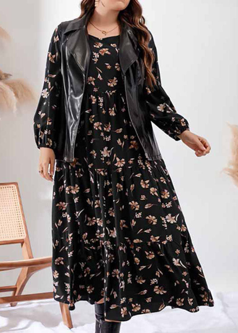 Vintage Black O-Neck Print Elastic Waist Holiday Maxi Dress Fall