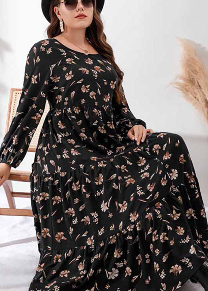 Vintage Black O-Neck Print Elastic Waist Holiday Maxi Dress Fall