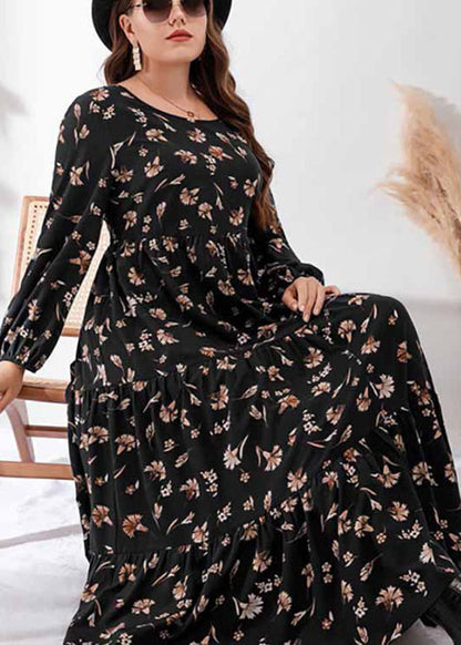 Vintage Black O-Neck Print Elastic Waist Holiday Maxi Dress Fall
