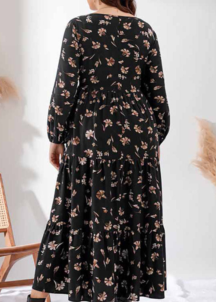 Vintage Black O-Neck Print Elastic Waist Holiday Maxi Dress Fall