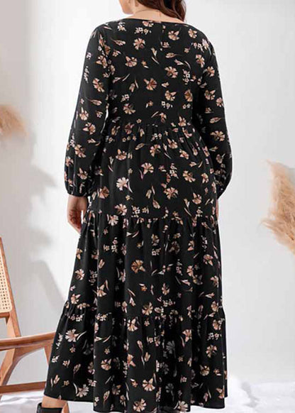 Vintage Black O-Neck Print Elastic Waist Holiday Maxi Dress Fall