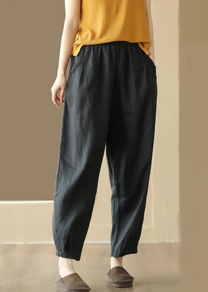 Vintage Black Pockets Wrinkled Patchwork Linen Pants Summer