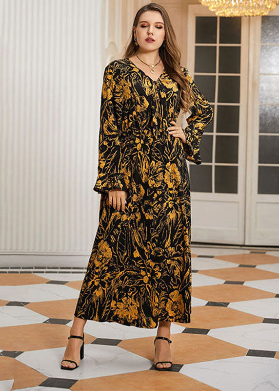 Vintage Black Print High Waist Chiffon Maxi Dresses Flare Sleeve