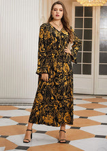 Load image into Gallery viewer, Vintage Black Print High Waist Chiffon Maxi Dresses Flare Sleeve