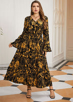 Vintage Black Print High Waist Chiffon Maxi Dresses Flare Sleeve