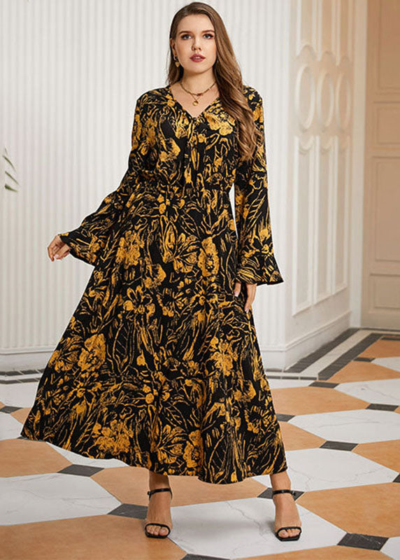 Vintage Black Print High Waist Chiffon Maxi Dresses Flare Sleeve