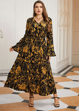 Load image into Gallery viewer, Vintage Black Print High Waist Chiffon Maxi Dresses Flare Sleeve