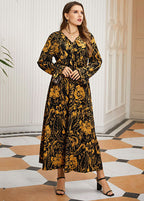Vintage Black Print High Waist Chiffon Maxi Dresses Flare Sleeve