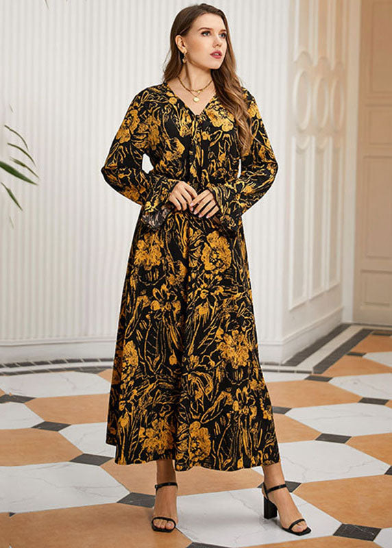 Vintage Black Print High Waist Chiffon Maxi Dresses Flare Sleeve