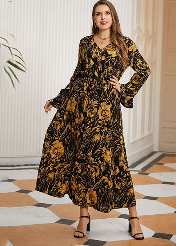 Vintage Black Print High Waist Chiffon Maxi Dresses Flare Sleeve