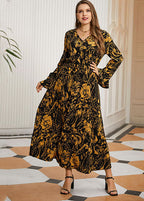 Vintage Black Print High Waist Chiffon Maxi Dresses Flare Sleeve