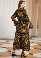 Vintage Black Print High Waist Chiffon Maxi Dresses Flare Sleeve